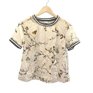a new day Cream Floral Sheer Velvet Blouse with Black Stripe Accents Women XS